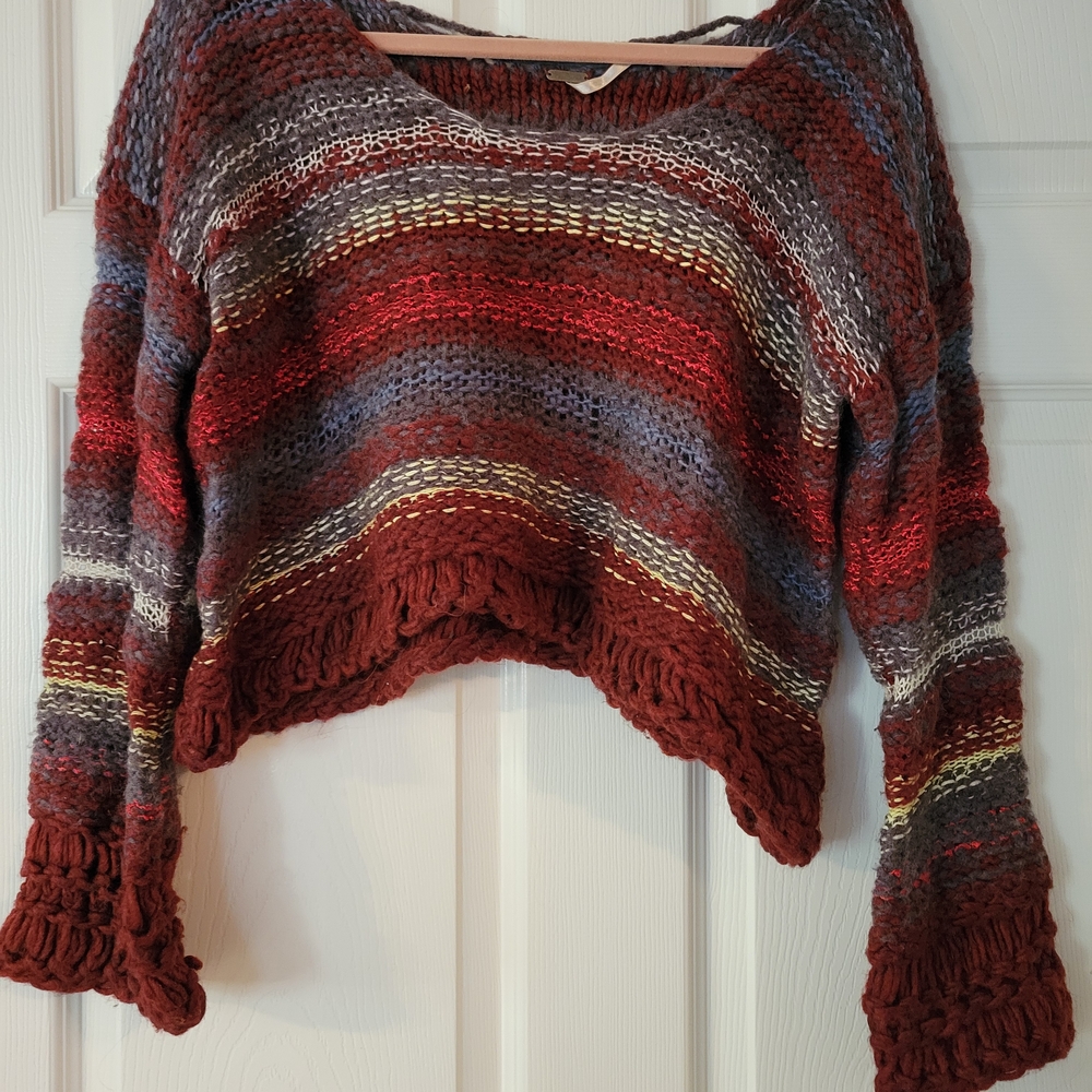 Free People Red and Gray Striped Sweater